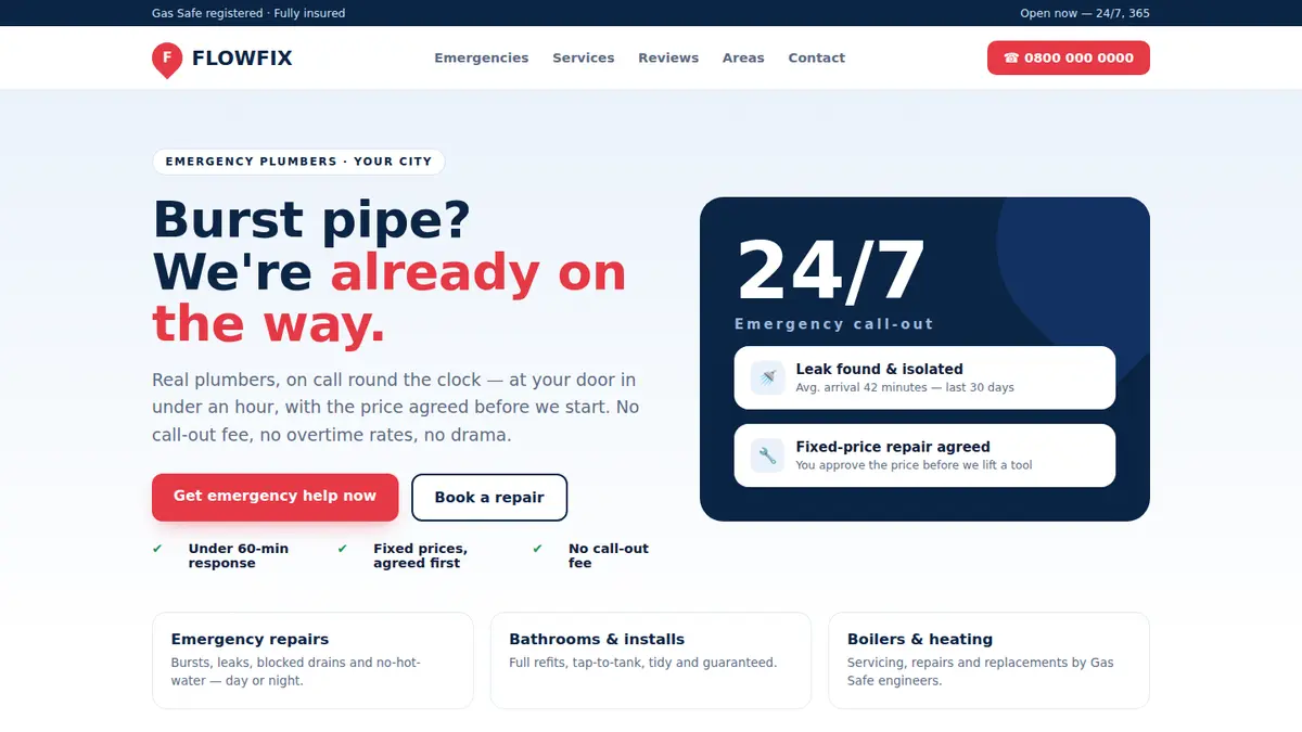 FlowFix — a concept website build for a plumbing firm, by Swift Web SEO